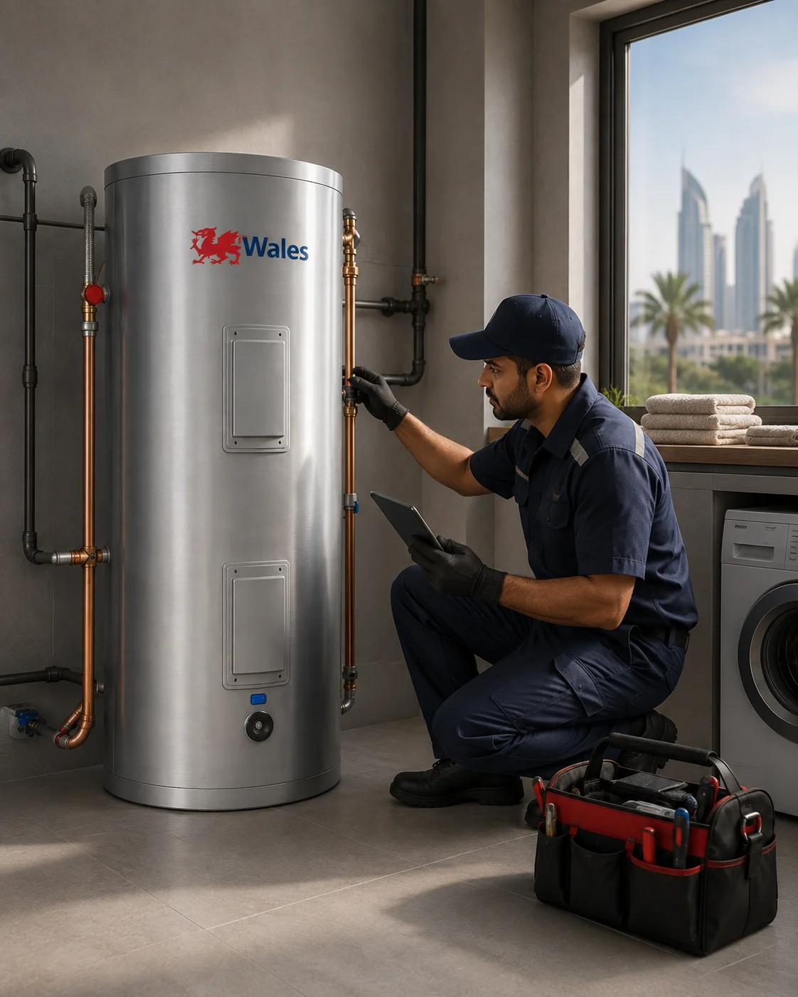 Wales electric water heater installation in a modern grey tiled bathroom next to a shower