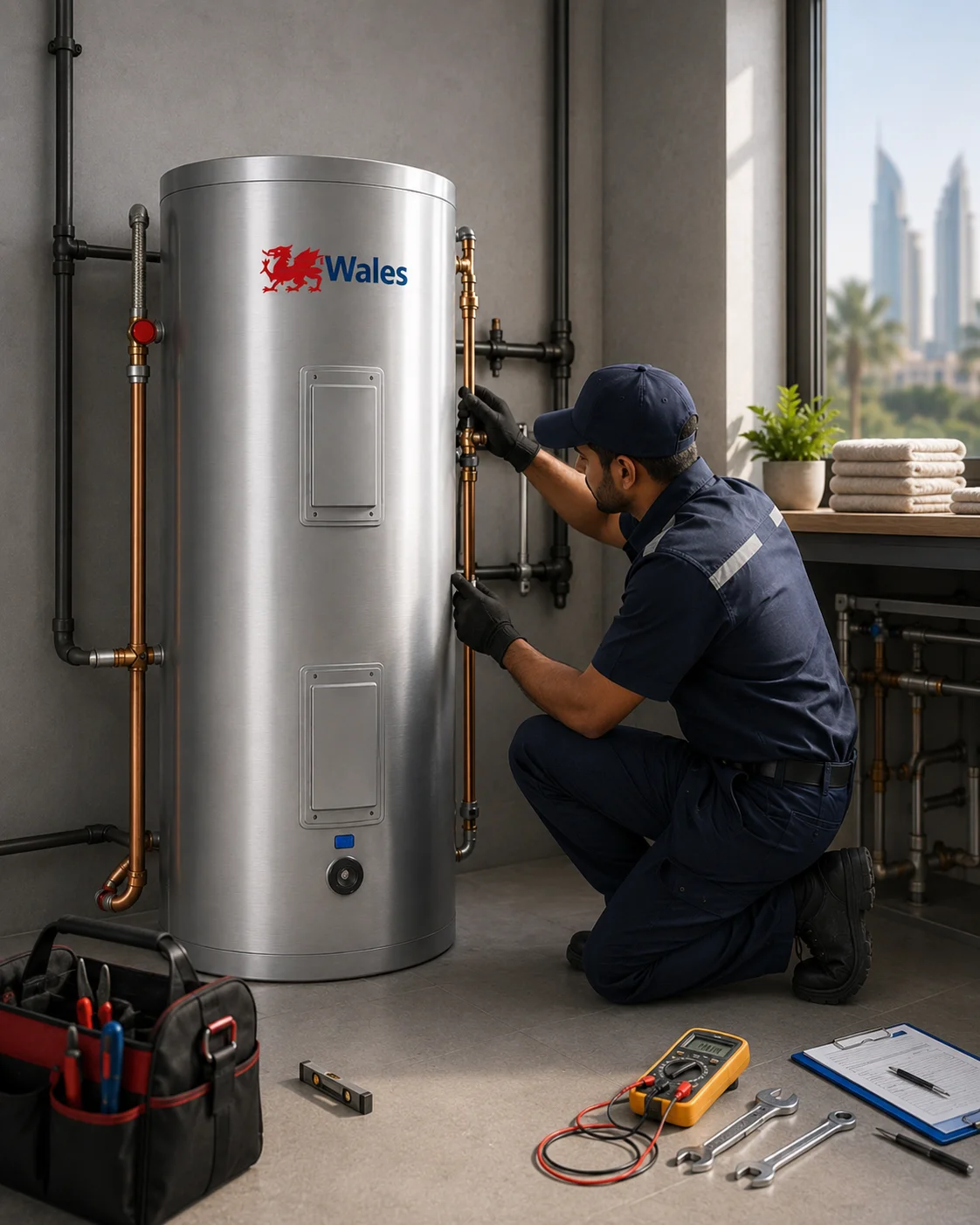 Professional technician installing Wales water heater on modern bathroom wall